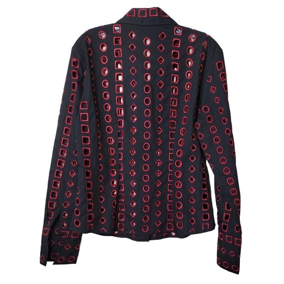 Samuel Dong Top Button Down Geometric Burnout Black And Red Small - Picture 2 of 9